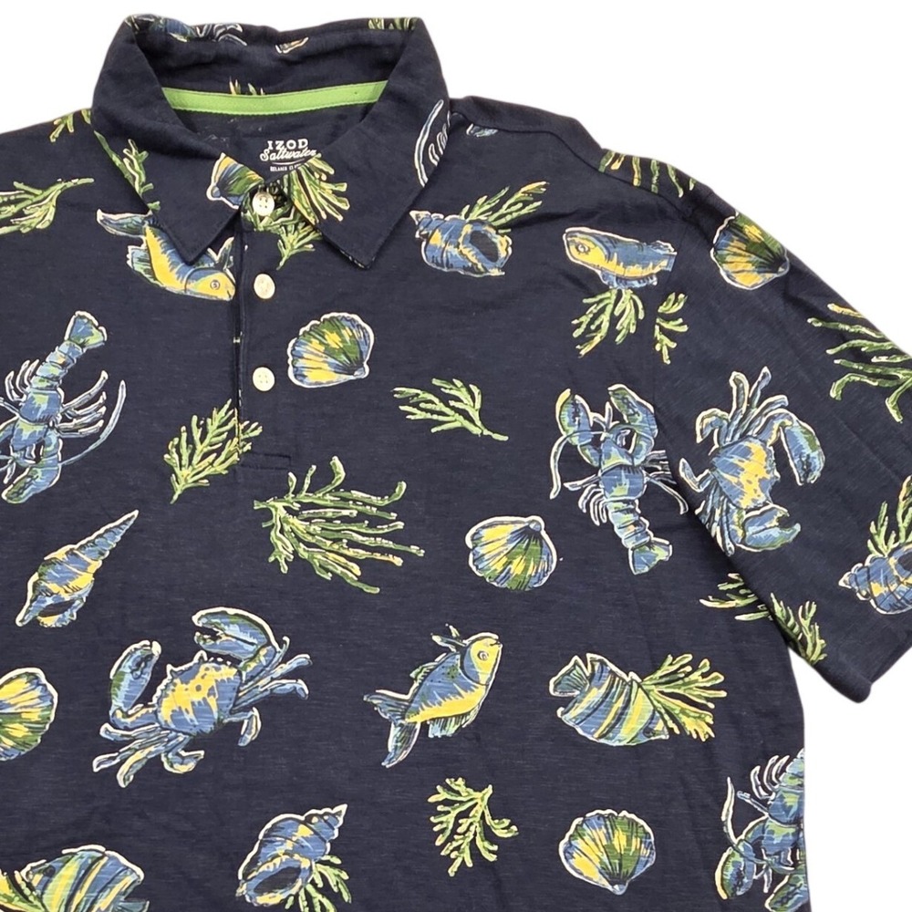 IZOD Saltwater Relaxed Classics Nautical Sea Life AOP Polo Shirt Blue Mens Large
